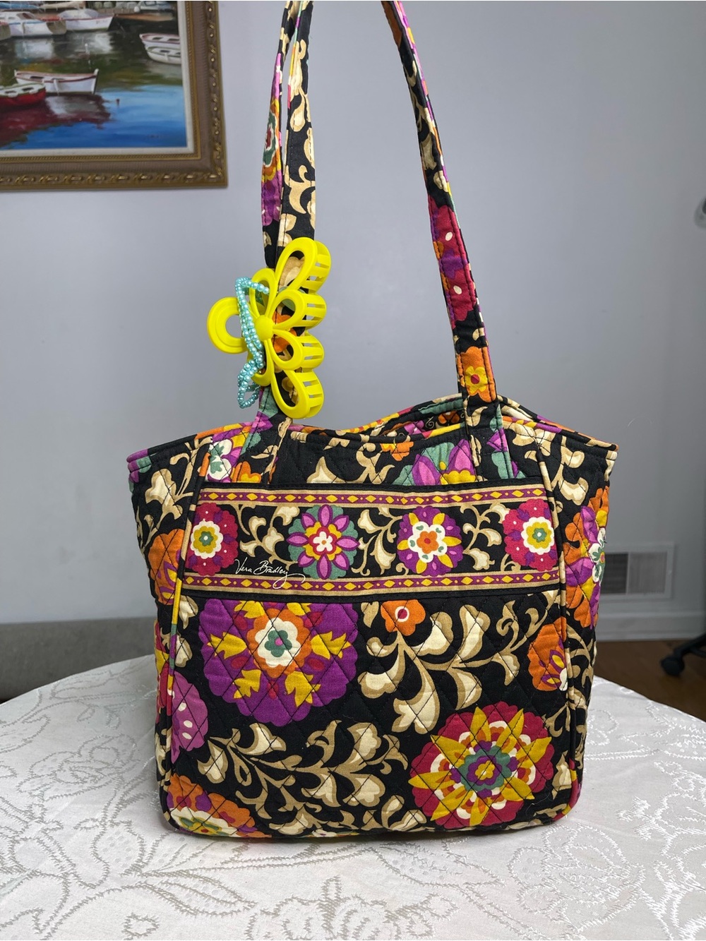 Vera Bradley Black Quilted Floral Tote with Purple, Orange & Pink Accents
